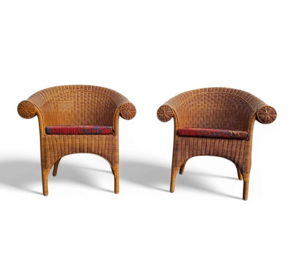 2 x rattan  arm chairs 1980s with original upholstery