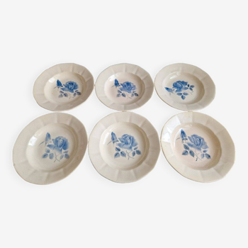 Ensemble de 6 assiettes creuses Digoin Sarreguemines décors de roses bleues
