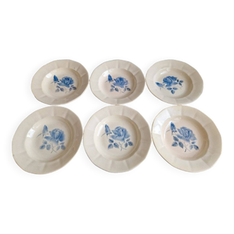 Ensemble de 6 assiettes creuses Digoin Sarreguemines décors de roses bleues