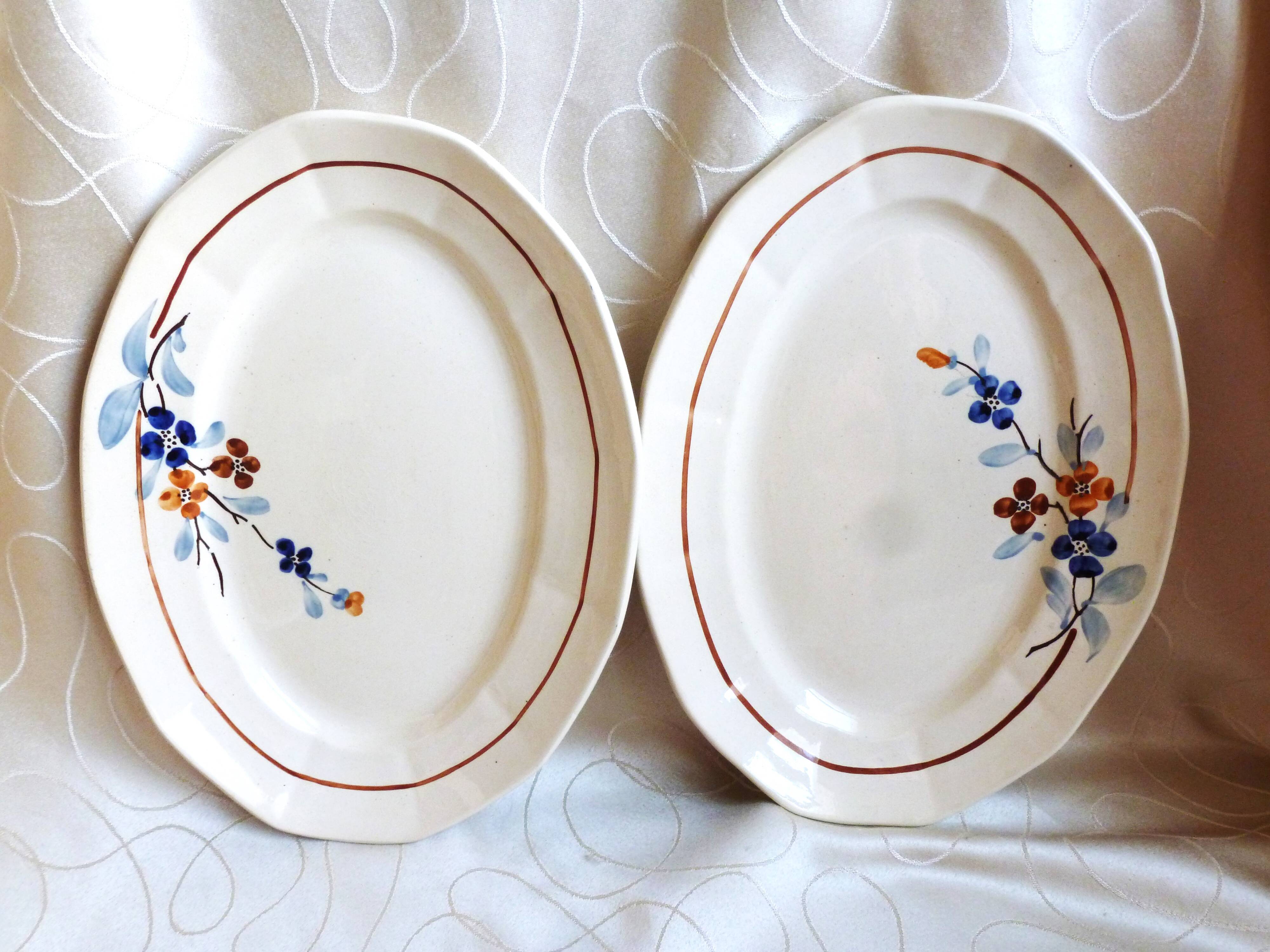 2 vintage Sarreguemines dishes, table service dishes with floral hand decoration