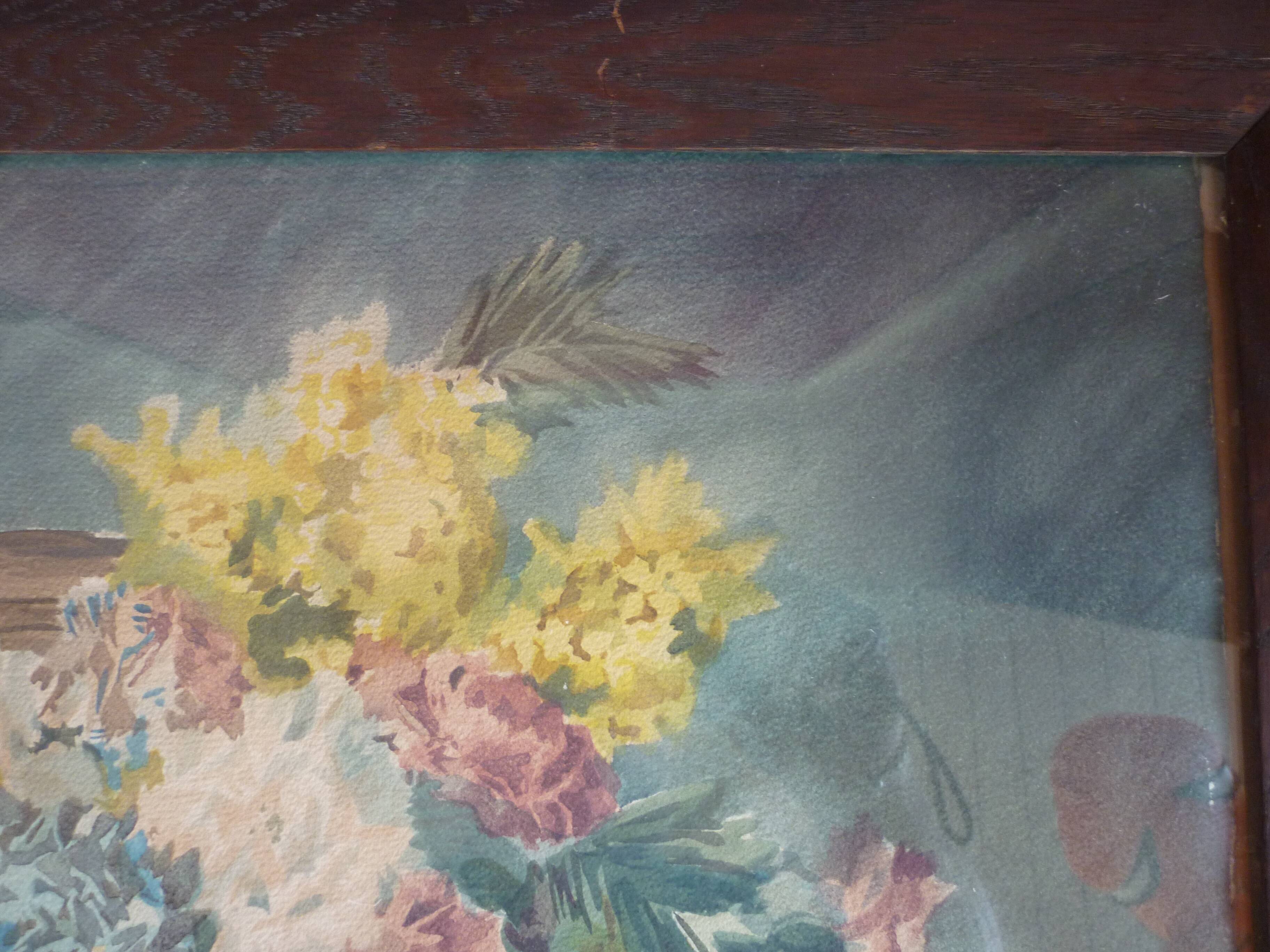 Table still life basket flowers signed