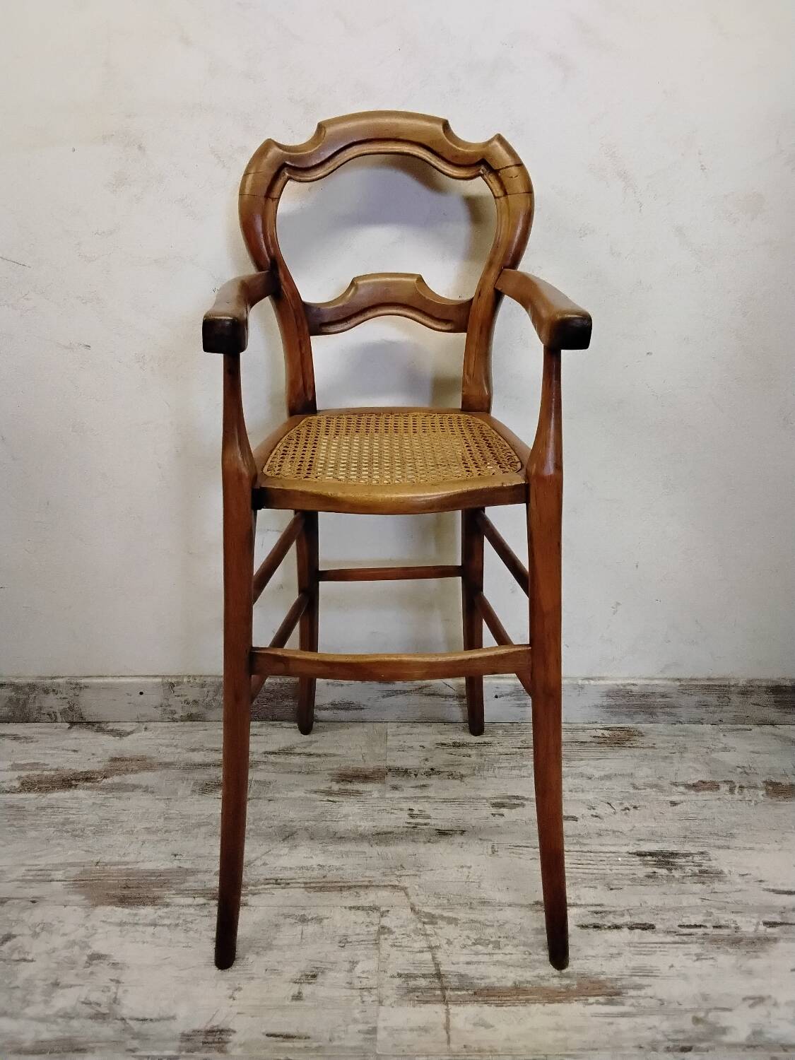 Children's high chair in wood and cane
