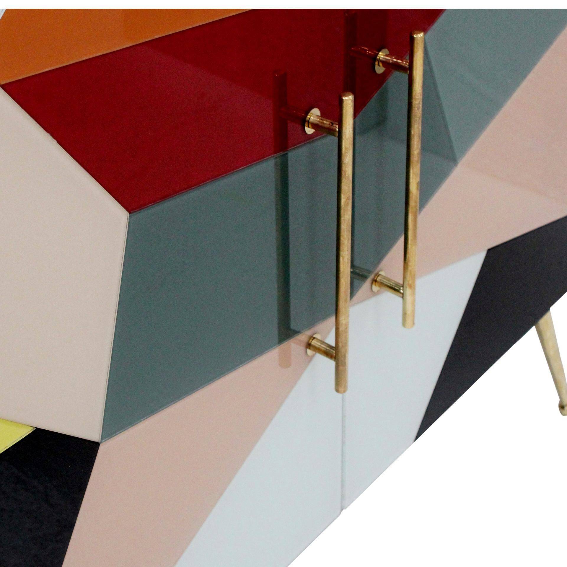 Mid-Century Italian Sideboard, Colorful Glass and Brass, Geometric Design.