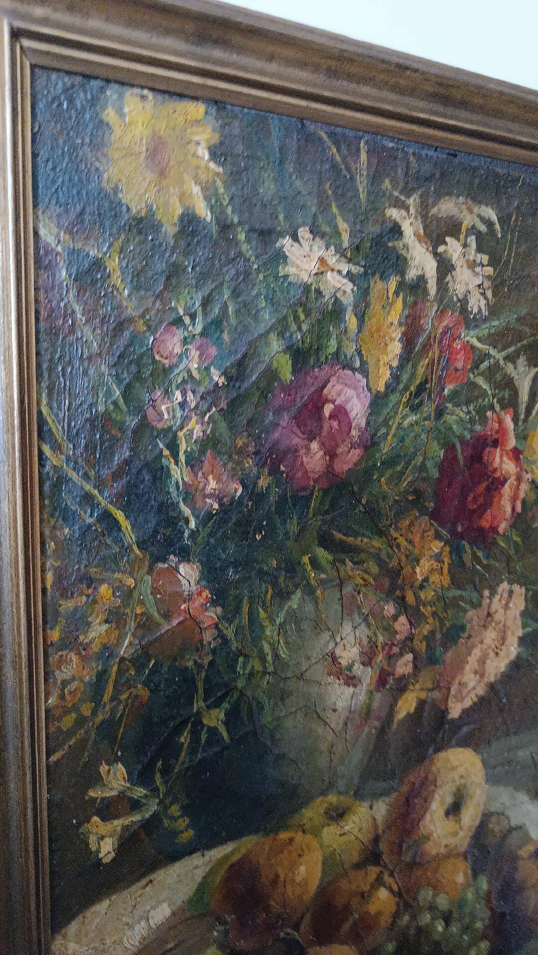 19th century oil painting on canvas fruit vase with flowers
