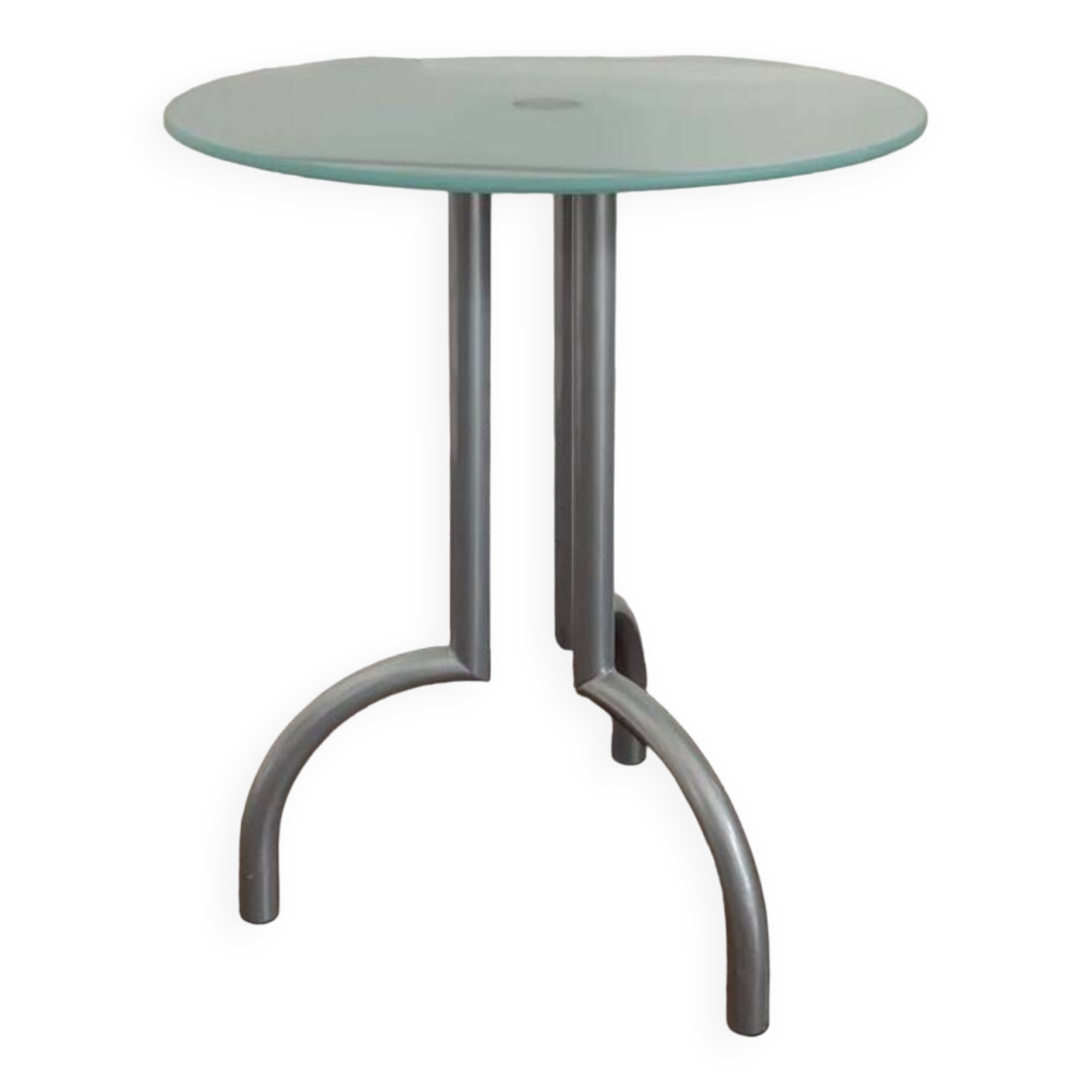Metal and glass tripod pedestal table