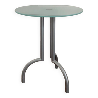Metal and glass tripod pedestal table