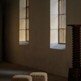 French mid-century cube poufs, a pair of lambswool stools, 1960s.