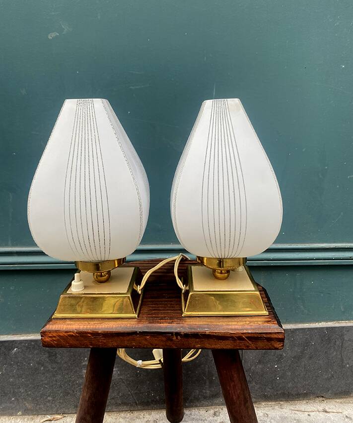 Pair of bedside lamps, glass and brass, 1950