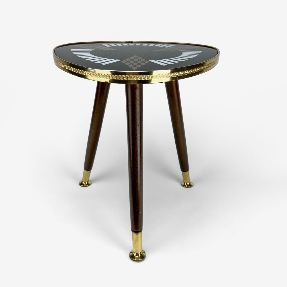 Pedestal table tripod glass wood and brass graphic patterns 50s