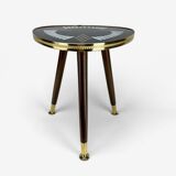 Pedestal table tripod glass wood and brass graphic patterns 50s