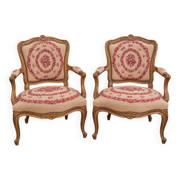 Pair of gold Louis XV style armchairs – Petit point upholstery