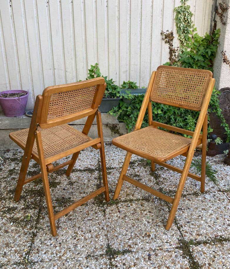 Lot de 3 chaises pliantes en bois et cannage