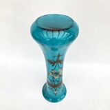 Large diabolo-shaped vase in turquoise blue blown glass with floral decoration • Art Nouveau • 1900s