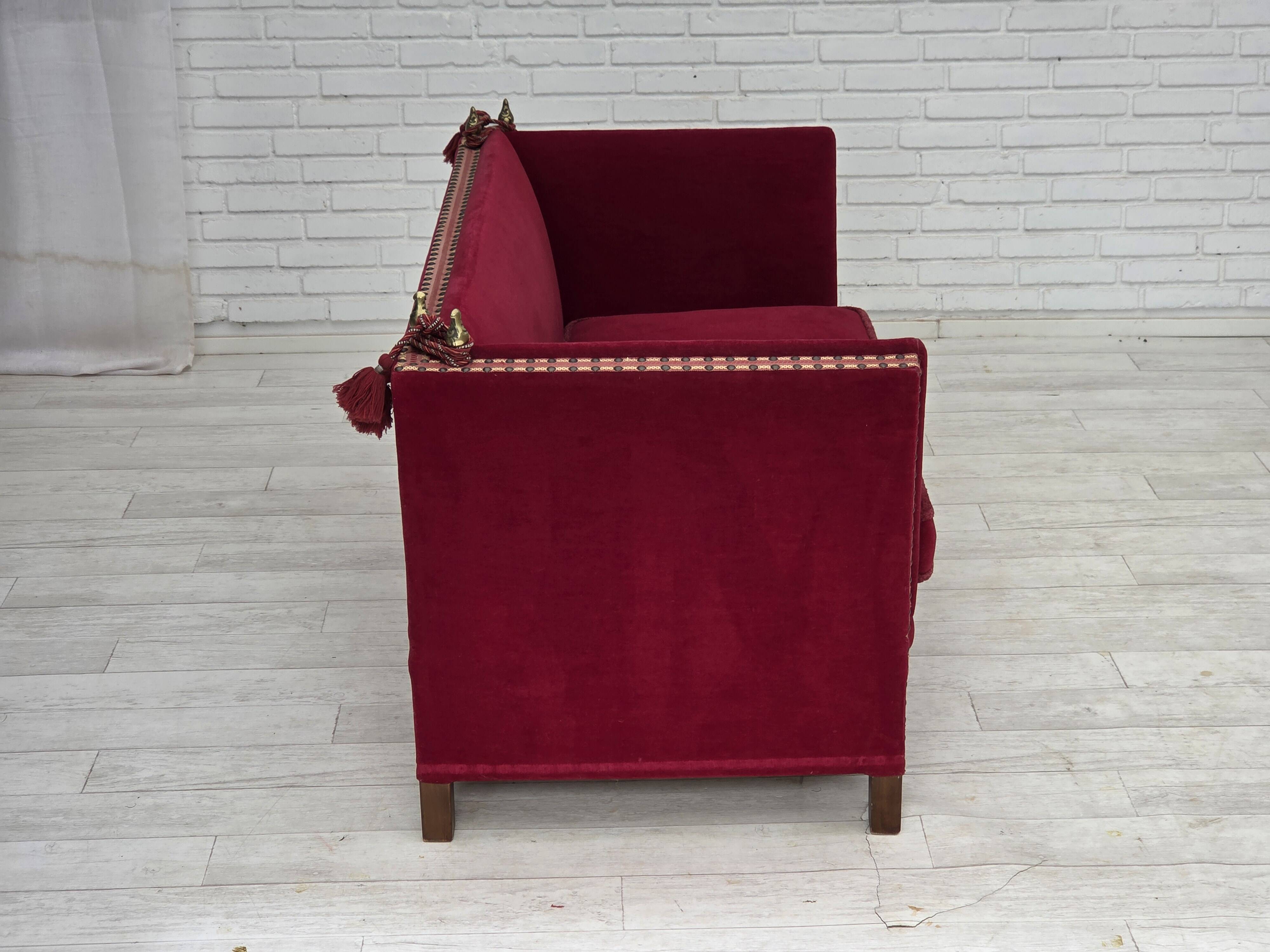 1970s, Danish 2-seater "Spanish" drop arm sofa, red furniture velour.