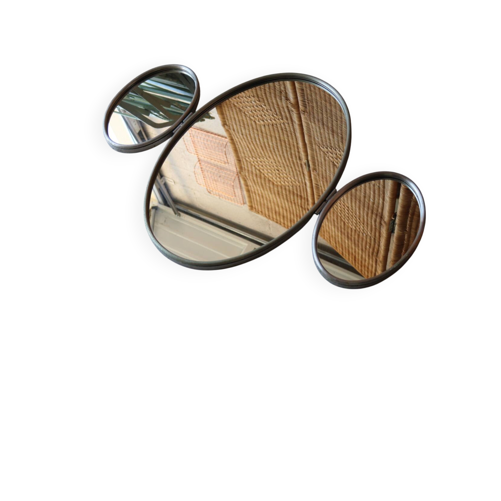 Vintage triptych mirror from a 1950s dressing table in nickel-plated silver.