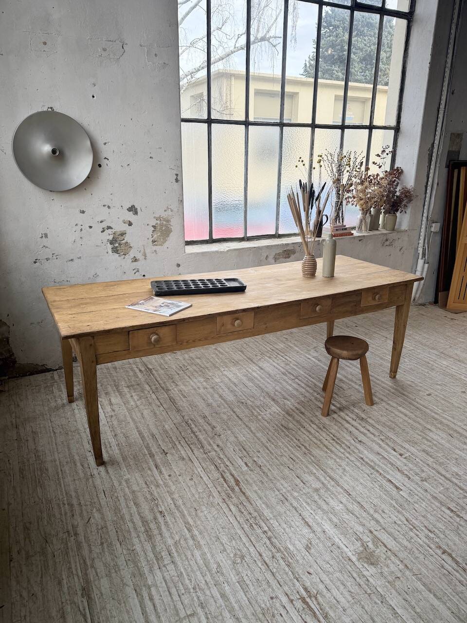 Pine and oak farmhouse table with multiple drawers, communal type, 240cm.
