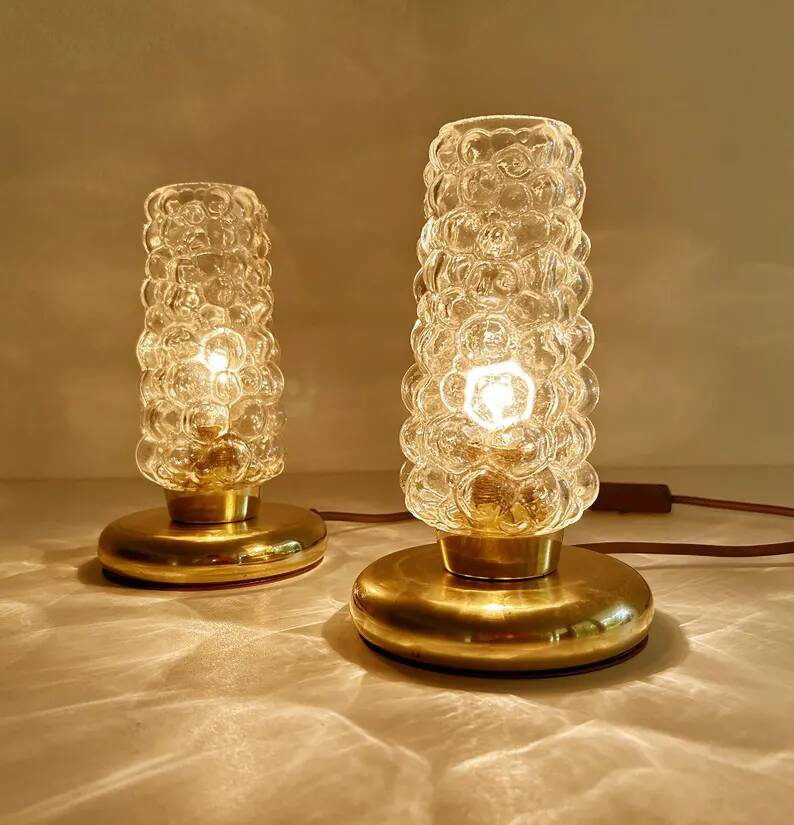 Pair Vintage Bubble Glass Table Lamps, Bedside, Brass