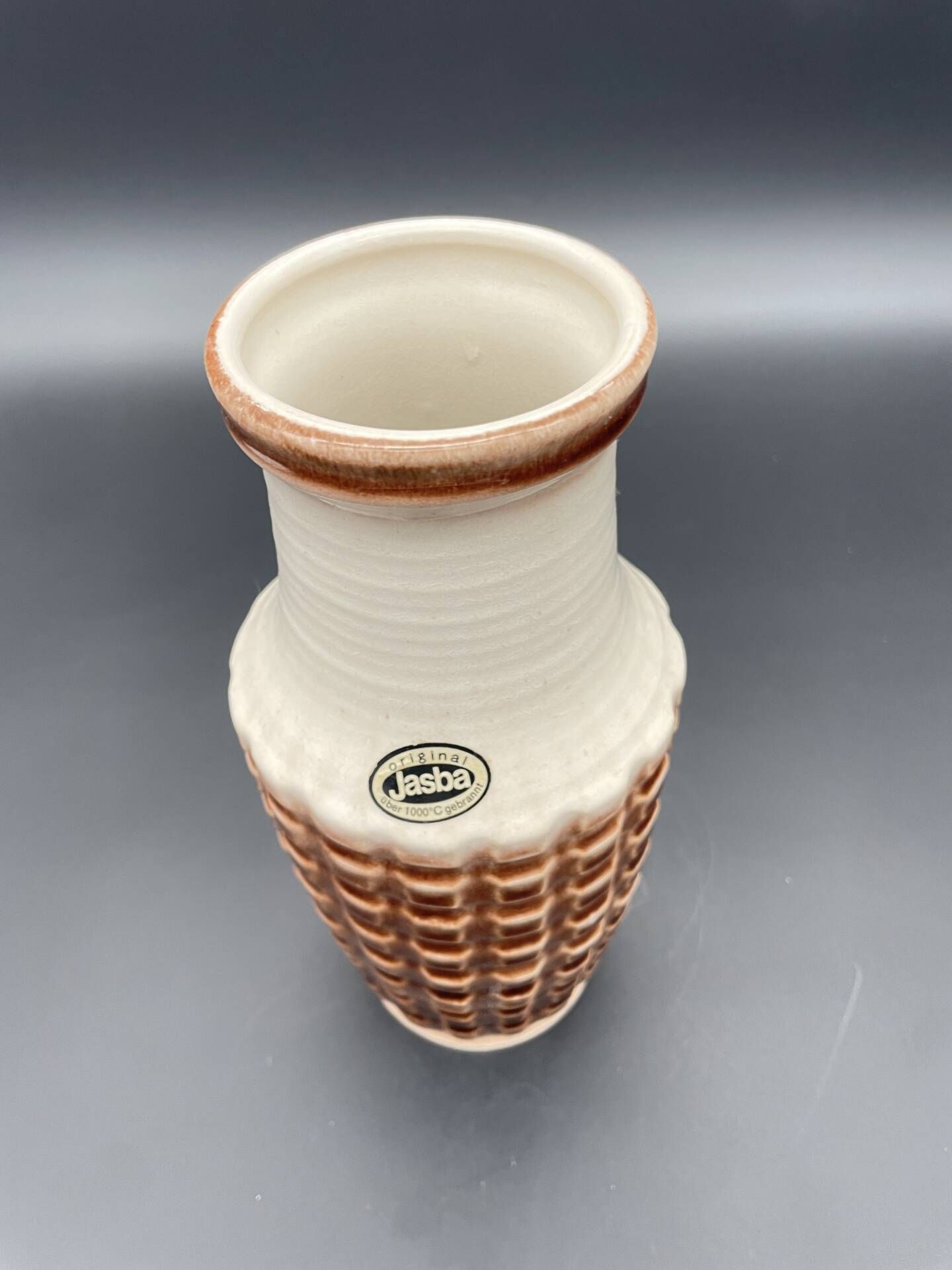 Vintage Jasba ceramic vase – brown and white geometric relief – A