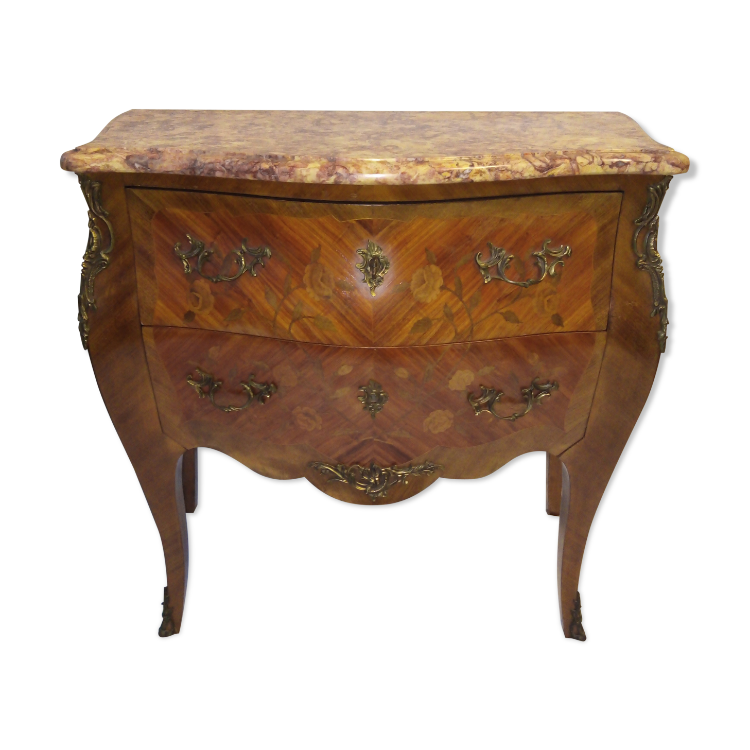 Comfortable curved Louis XVI style rosewood marquetry