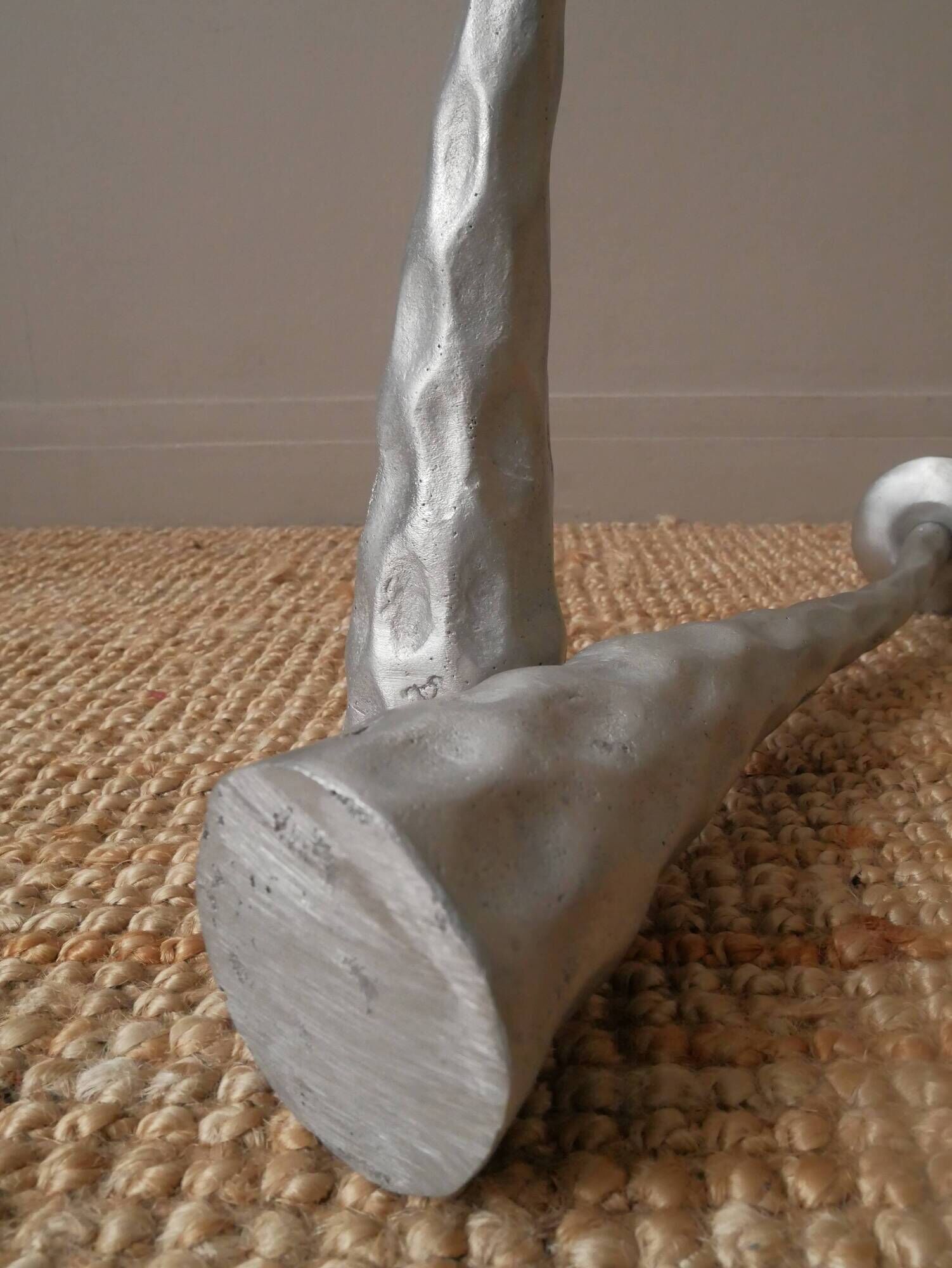 Pair of brushed aluminum candle holders sculpted contemporary brutalist design handmade sculptures