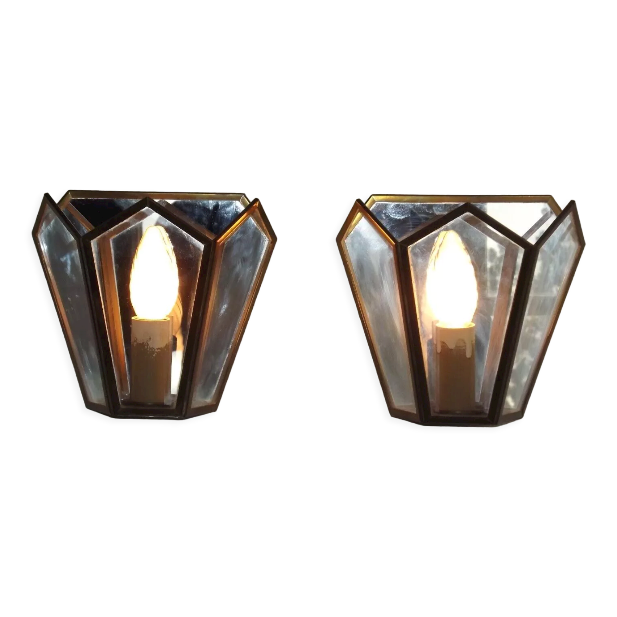 Matching pair french mid century copper & glass single light wall lanterns 3915