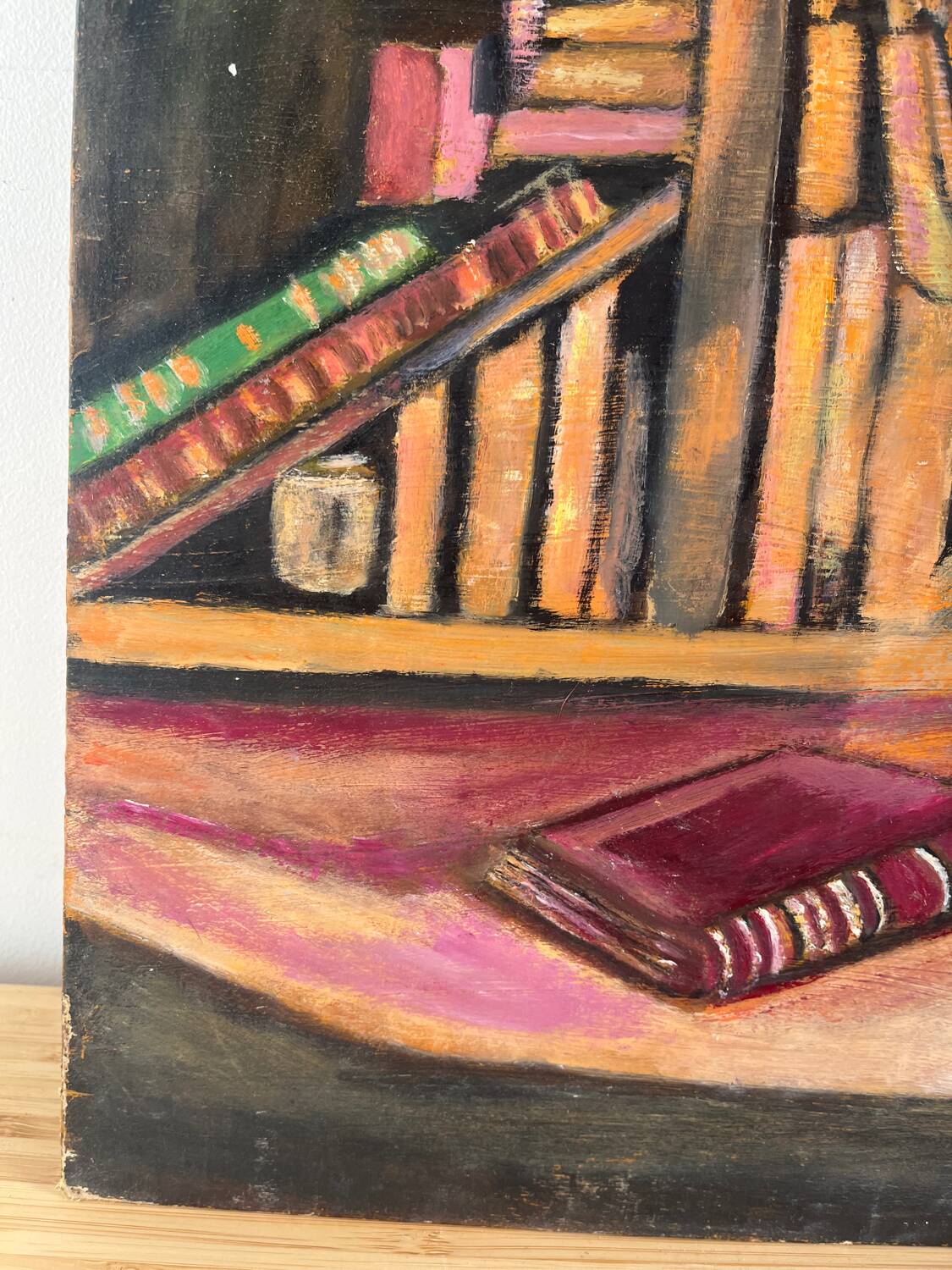 Still life, books and sunflowers, oil on panel