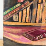 Still life, books and sunflowers, oil on panel