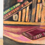 Nature morte, livres et tournesols, huile sur panneau