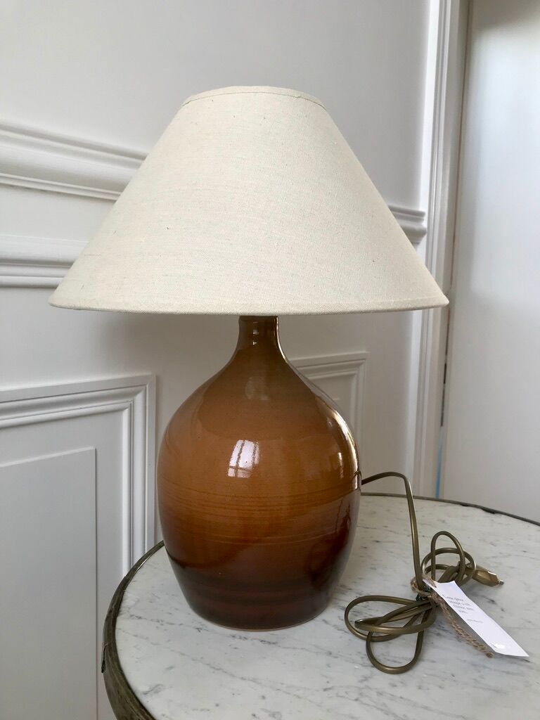 Stoneware lamp and linen lampshade 50s-60s