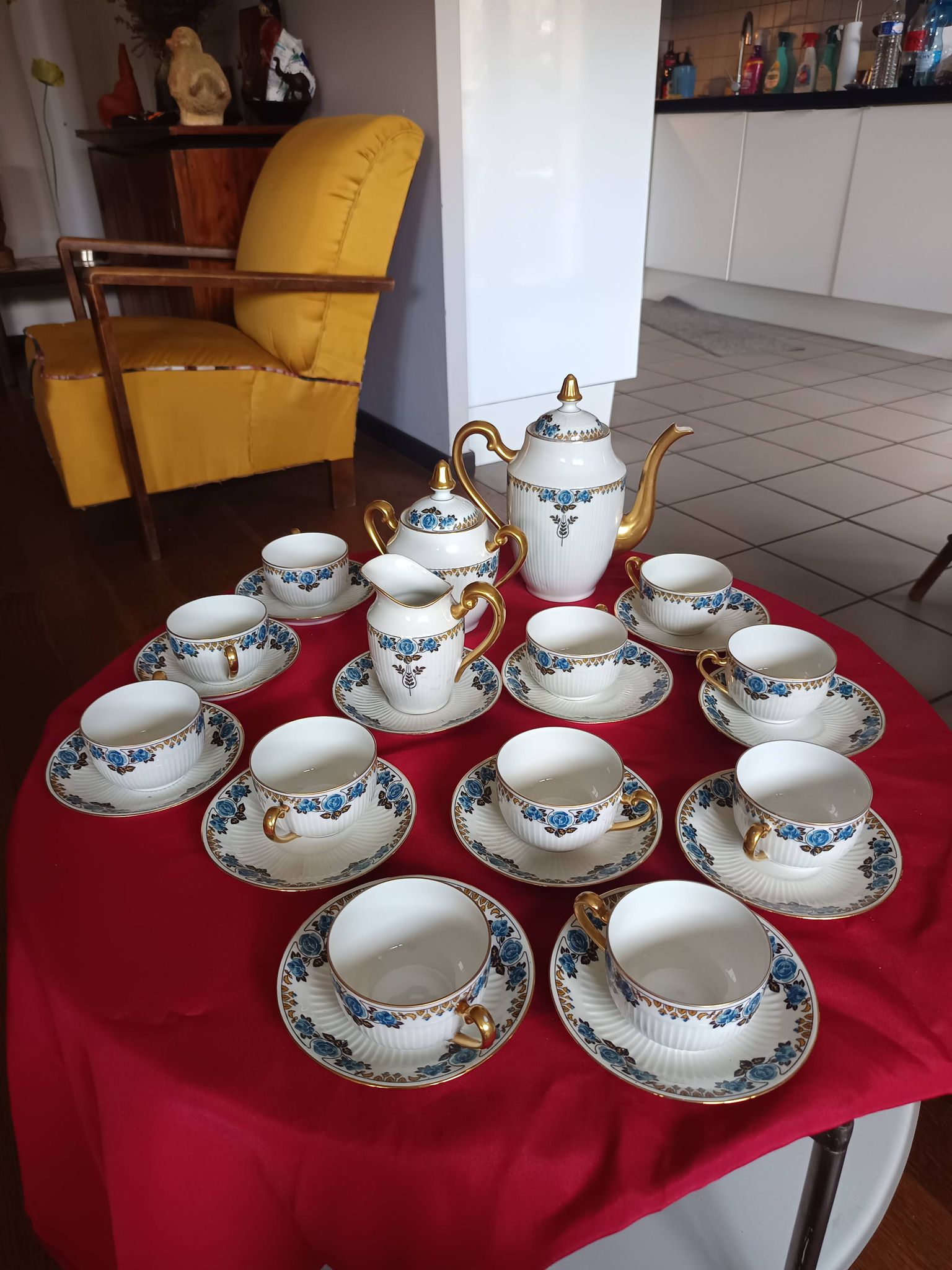 Antique Limoges porcelain coffee/tea service – 14 pieces with blue rose decoration.
