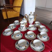 Antique Limoges porcelain coffee/tea service – 14 pieces with blue rose decoration.