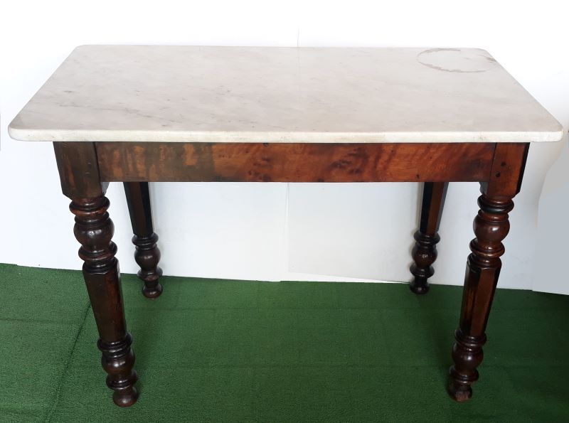 Walnut table on white marble for kitchen, old