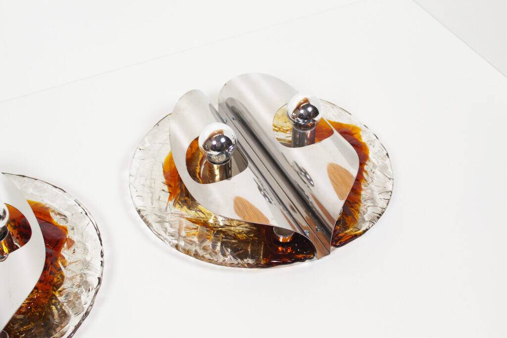 Stunning large pair of Murano glass and chrome wall lights by Mazzega