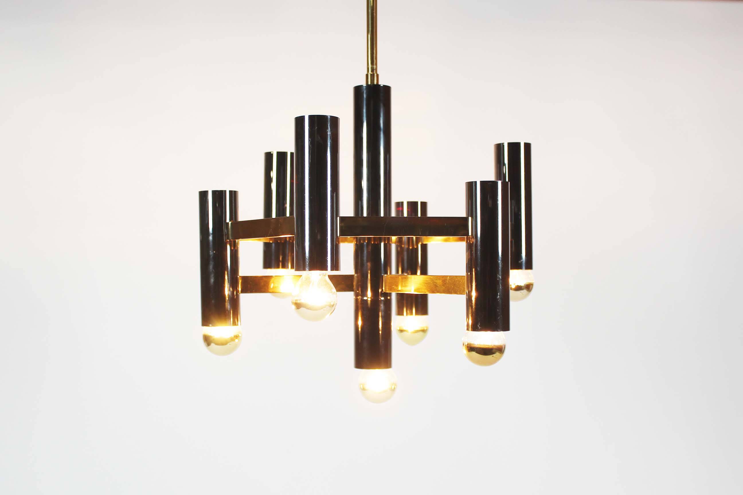 Brass & gunmetal geometric chandelier by "Boulanger S.A."