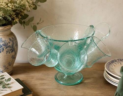 Service en verre soufflé bullé vert d'eau – Coupe sur pied, 5 tasses et louche