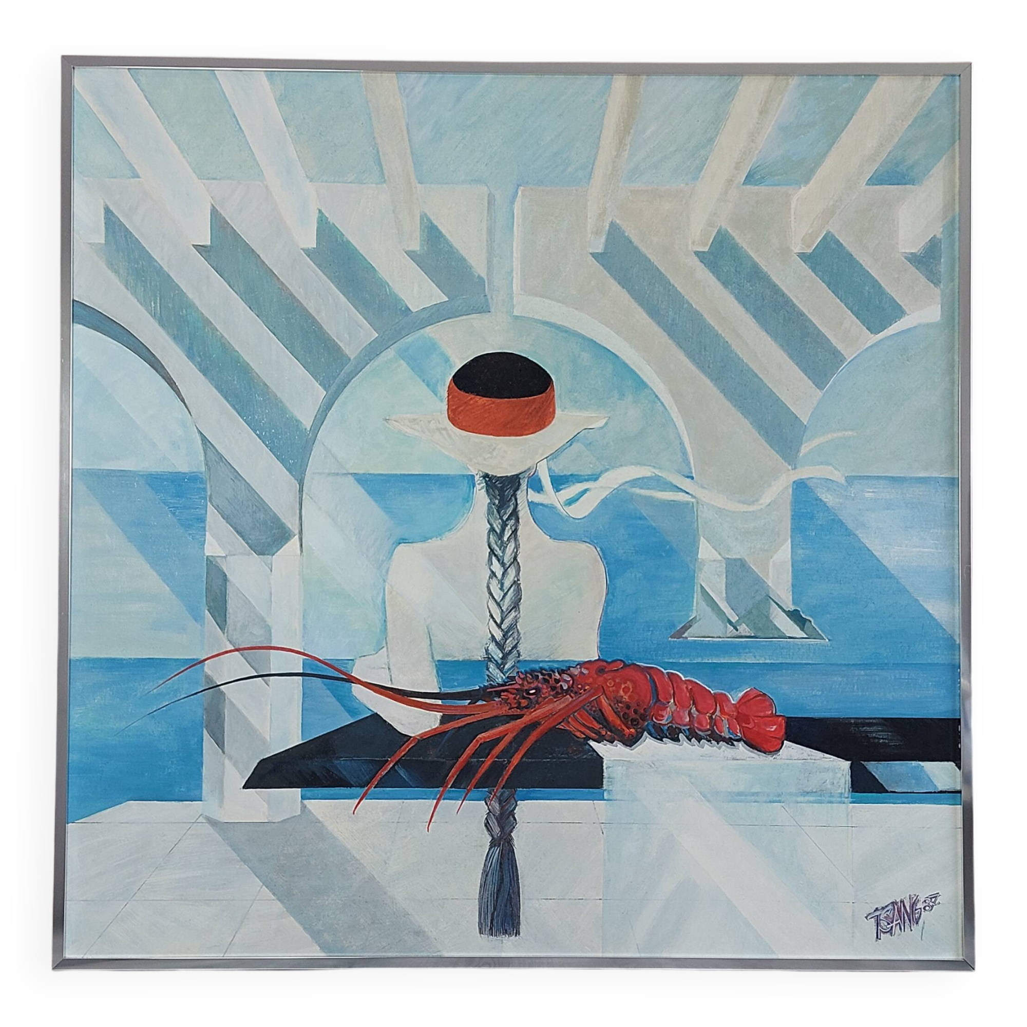 Grande peinture postmoderne de l'artiste Azian Tsang 1987