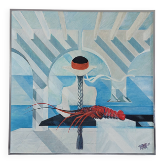 Large Postmodern Painting by Azian Artist Tsang 1987