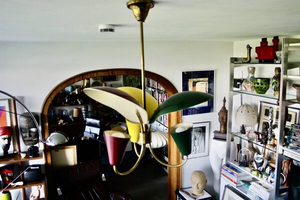 Lustre vintage tricolore en tole laqué  et laiton