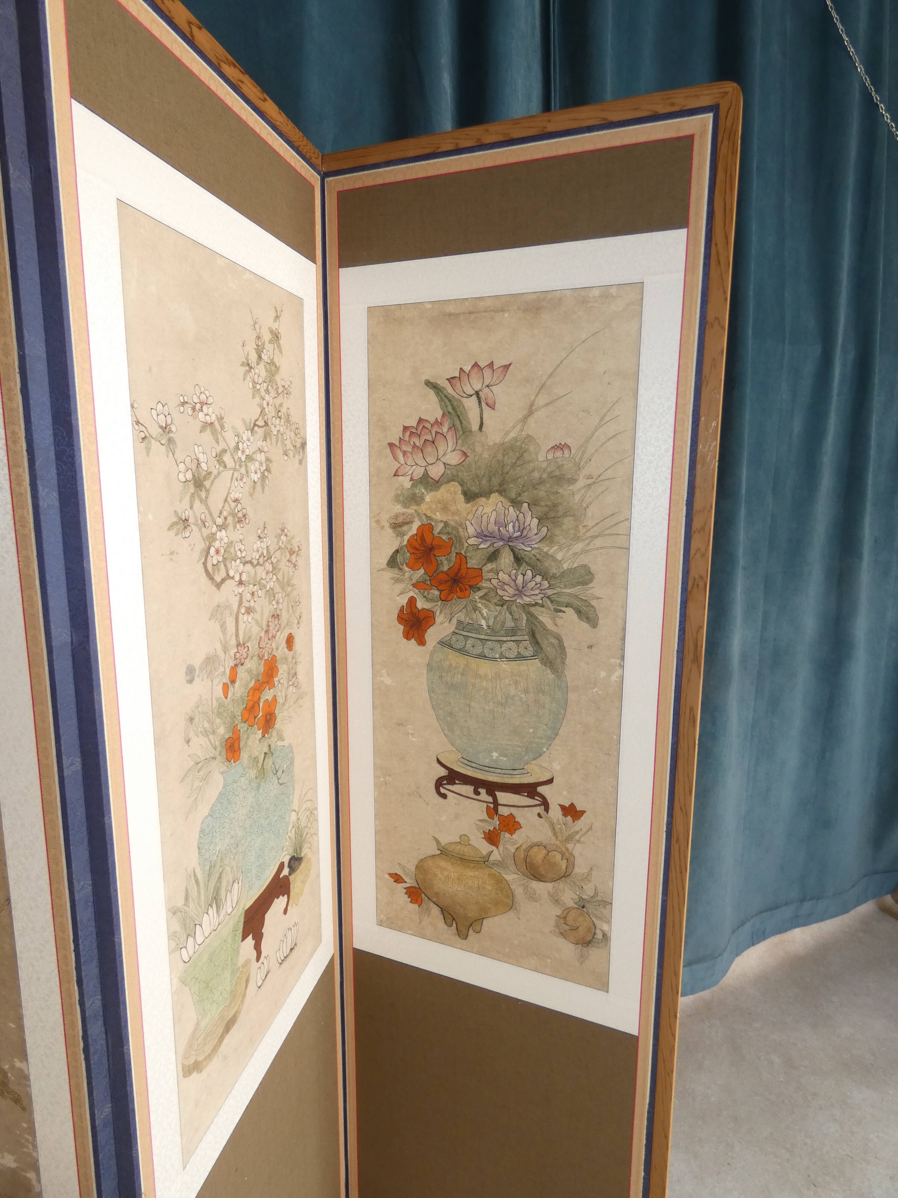 Screen 4 korean pans with flower patterns circa 1950 1970 h 156 l 180