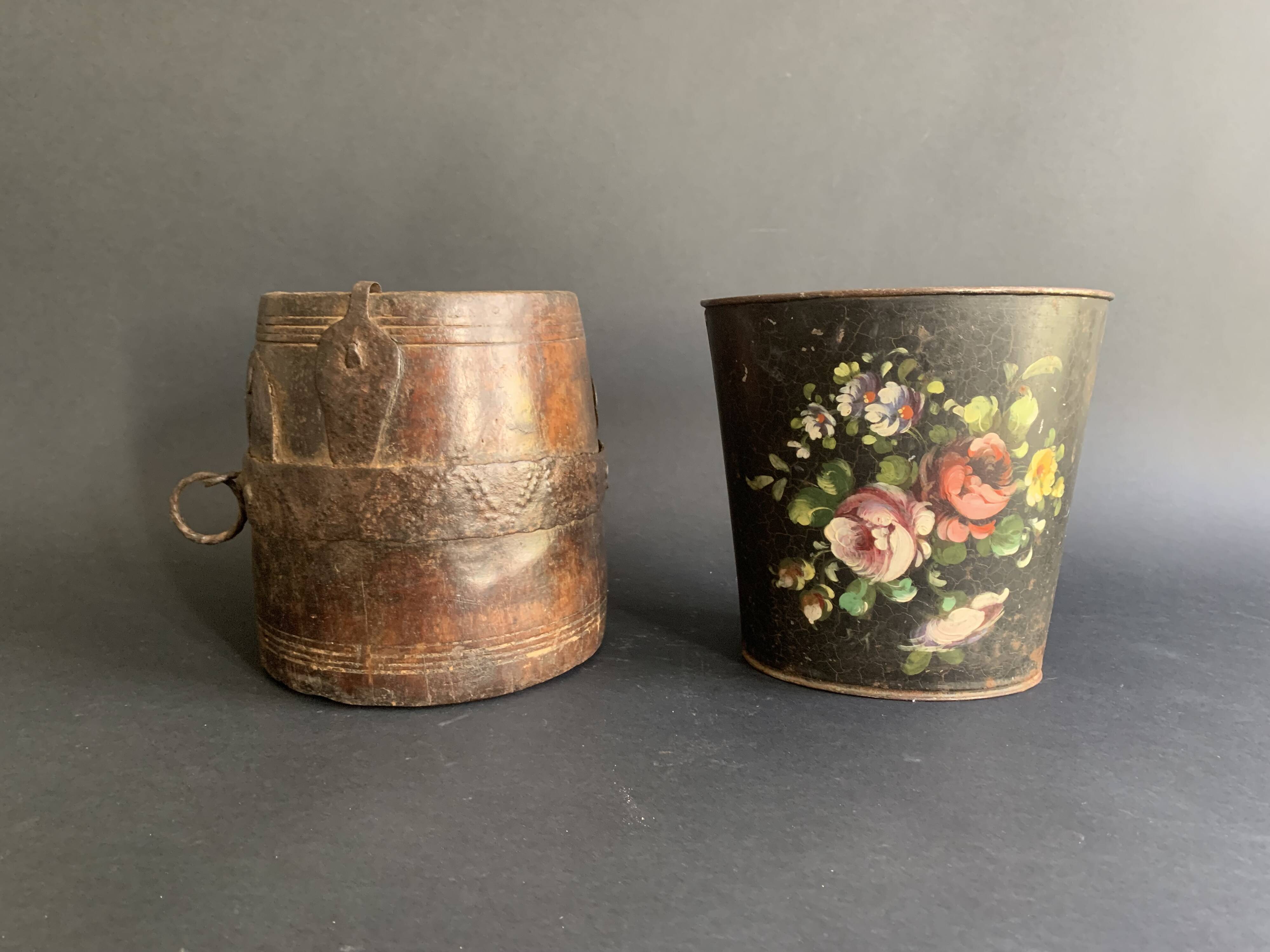 Large measuring pot in wood and old iron, 19th century folk art