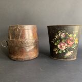 Large measuring pot in wood and old iron, 19th century folk art