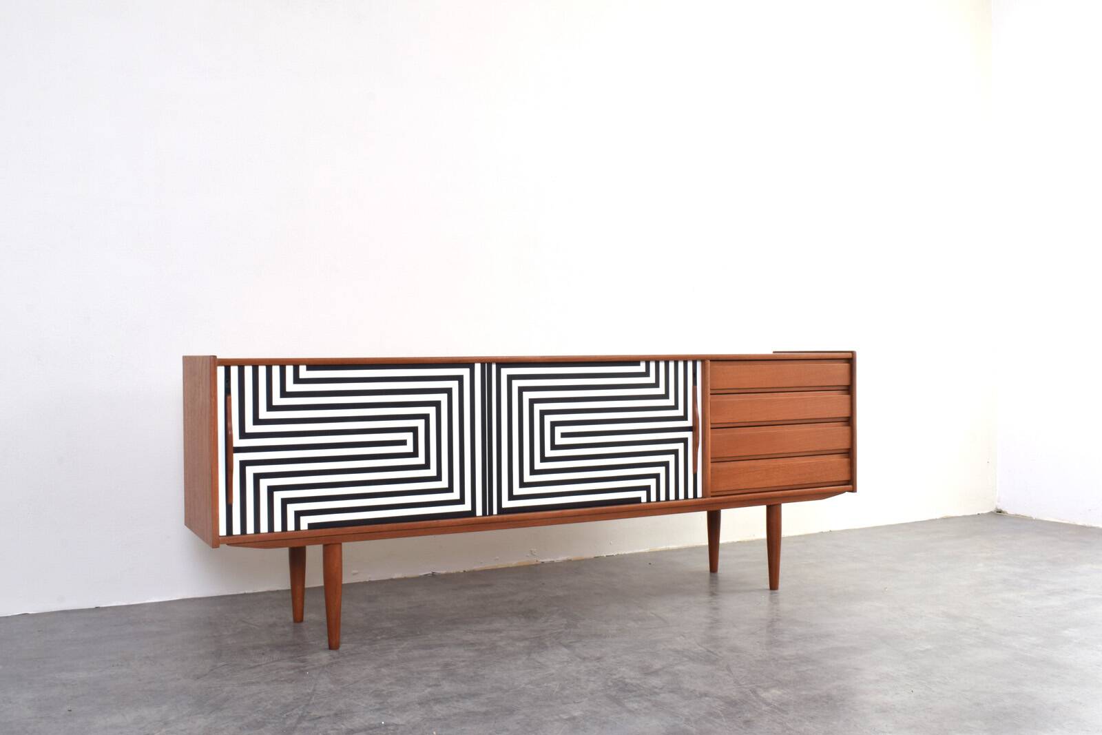 Mid-Century Op-Art Hand-Painted Danish Teak Sideboard, 1960s