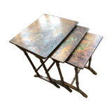 Set of 3 art nouveau wooden nesting tables with floral decoration