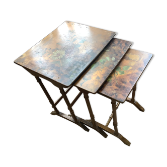Set of 3 art nouveau wooden nesting tables with floral decoration