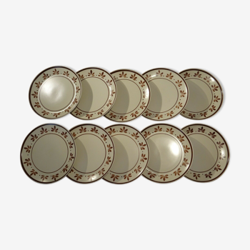 Set de 10 assiettes plates faïence Salins décor Jurançon peint main vintage