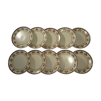 Set de 10 assiettes plates faïence Salins décor Jurançon peint main vintage