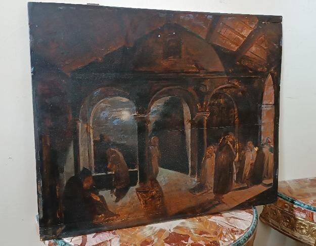 Ancient Table Large Sketch in Oil on Panel Convent of the Brothers 19th Century