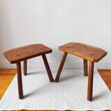 Pair of brutalist tripod stools in solid wood.