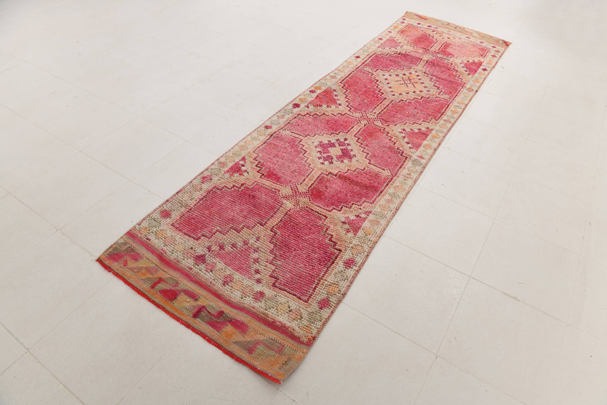 Tapis Couloir Kilim Anatolien Vintage, Rose Foncé, Fait Main, 96x342 Cm
