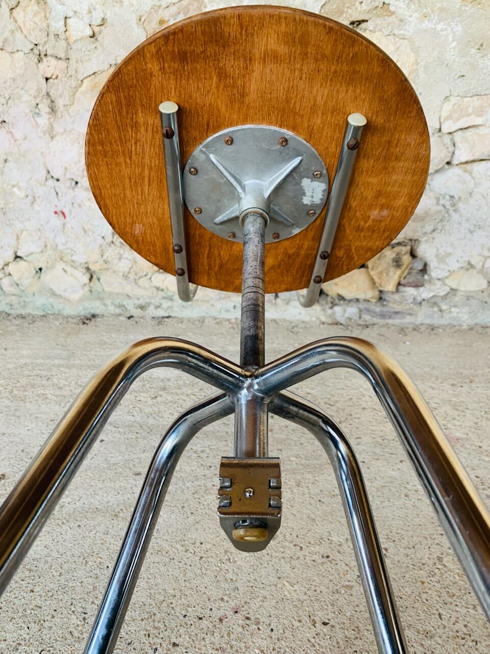 Vintage industrial metal and wood stool with adjustable swivel seat, 1960's
